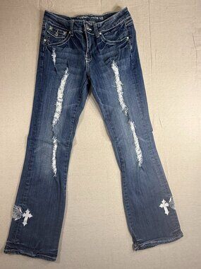 Cowgirl Tuff Jeans 29x33 Womens Blue Stretch Denim Bootcut Cross Wings Rodeo